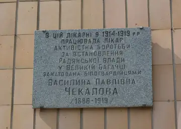 Меморіальна дошка на честь лікаря В. П. Чекалової — загальний вигляд, Велика Багачка